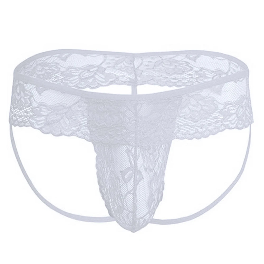 Men Lace See Through Sissy Gay Pouch Thong Briefs Underwear Hollow Transparent Sensual Panties Underpants Breathable Nightwear