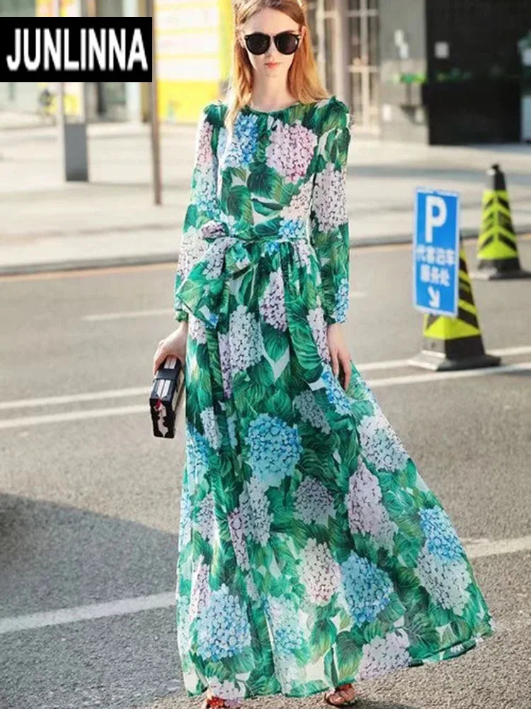 JUNLINNA Spring Autumn Chiffon Dress Women Flower Printing Long Sleeve Waist Belt  Scarf Sliming Vestidos Party Holiday