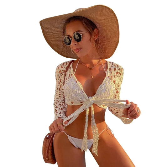 Tie Front Bathing Suit Cover Up Hollow out Bikinis Cover Up Long Sleeves Swimsuit Cover Up for Summer Beachwear