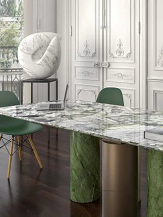 Imported rock plate table luxury stone long table villa model room fashion tea green marble