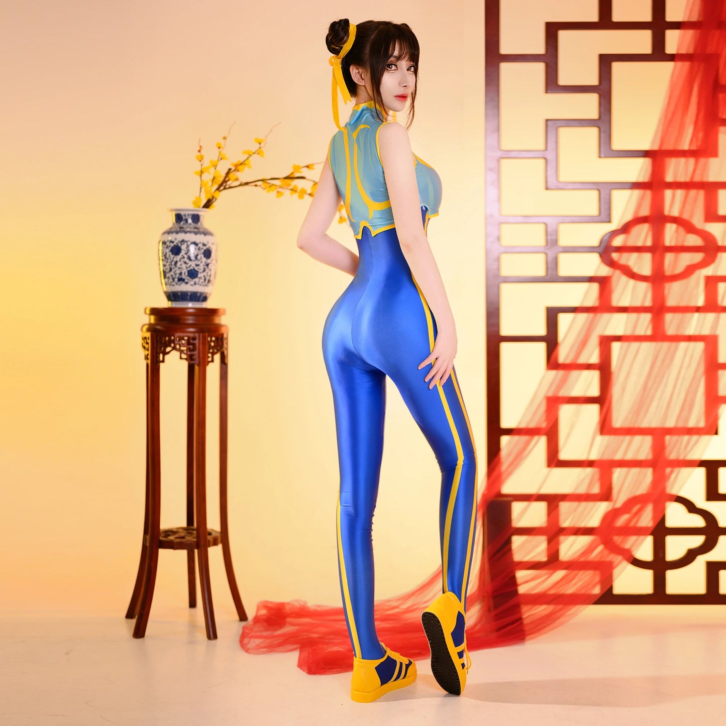 Street Fighter Chunli Cosplay  tight 2 pieces vest top Siamese Glossy swimsuit Siamese suit