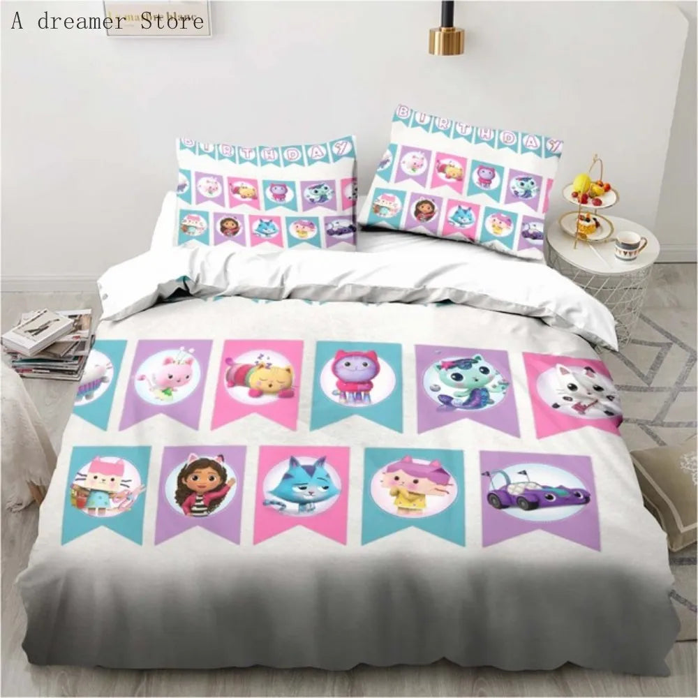 Gabbys Dollhouse Characters Bedding Set Cartoon Duvet Cover 2/3Pc Pink Bedclothes Single Double Queen King Size for Girl Bed Set