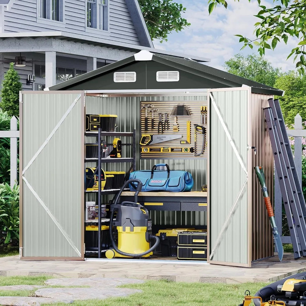 Storage Shed Outdoor Outdoor Metal Shed for Tool Prefab Container House 6.4x4 FT Garden Buildings Bike Garbage Can Brown Sheds