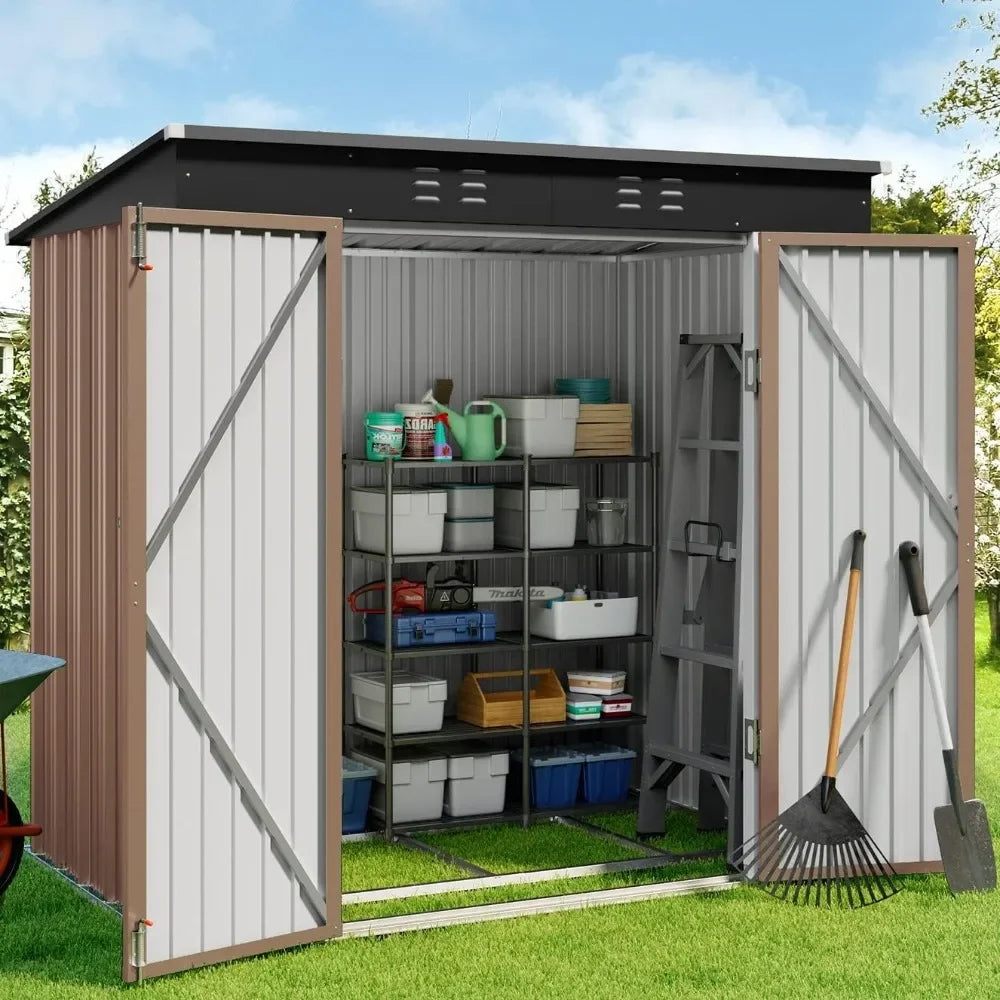 6' x 4' Outdoor Storage Shed with Double Lockable Doors, Anti-Corrosion Metal Garden Shed with Base Frame, Waterproof Outdoor