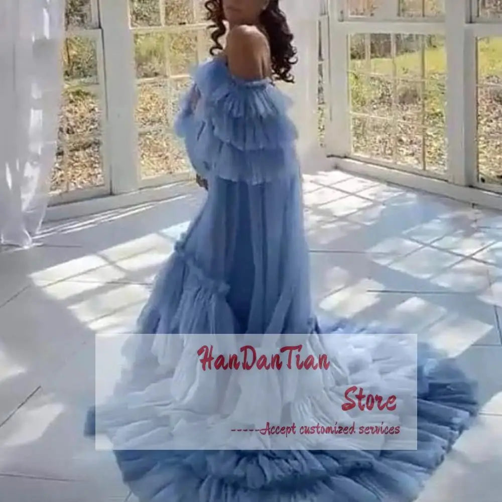 Off Shoulder Straps Puffy Ruffled Tulle Bridal Lingerie Bathgown Maternity Robe for Photoshoot