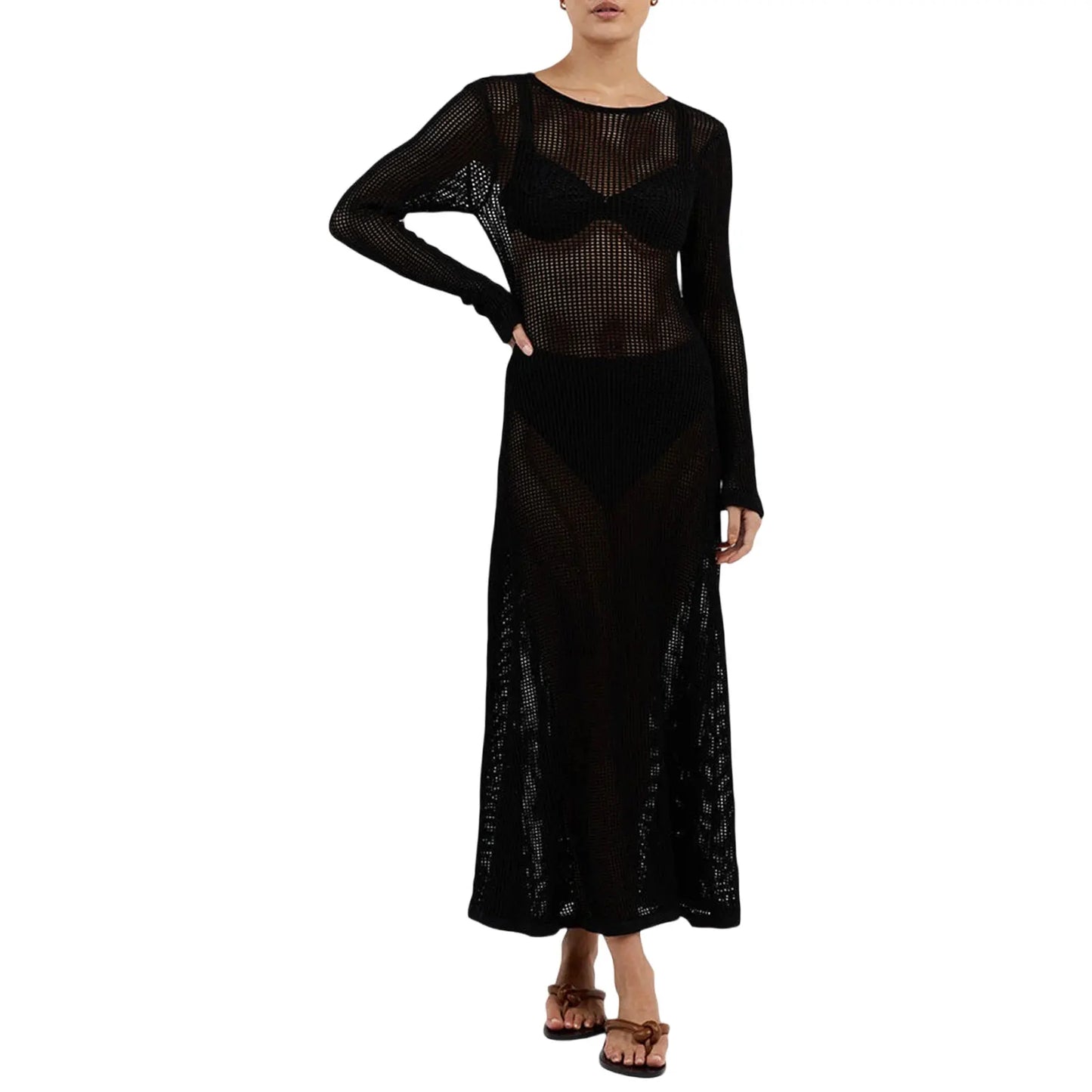 Yiiciovy Summer Beach Cover-Ups Women Long Sleeve Dress Knitted Cutout See-through Long Party Dress for Beach Club Streetwear