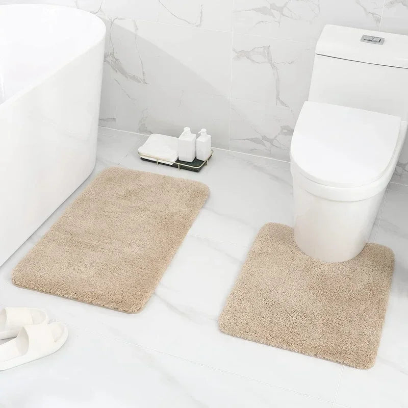 Olanly 2Pcs Bath Mat Set Soft Fluffy Plush Bathroom Floor Mats Carpet Shaggy Absorbent Shower Rug Non-Slip U-Shaped Toilet Rug