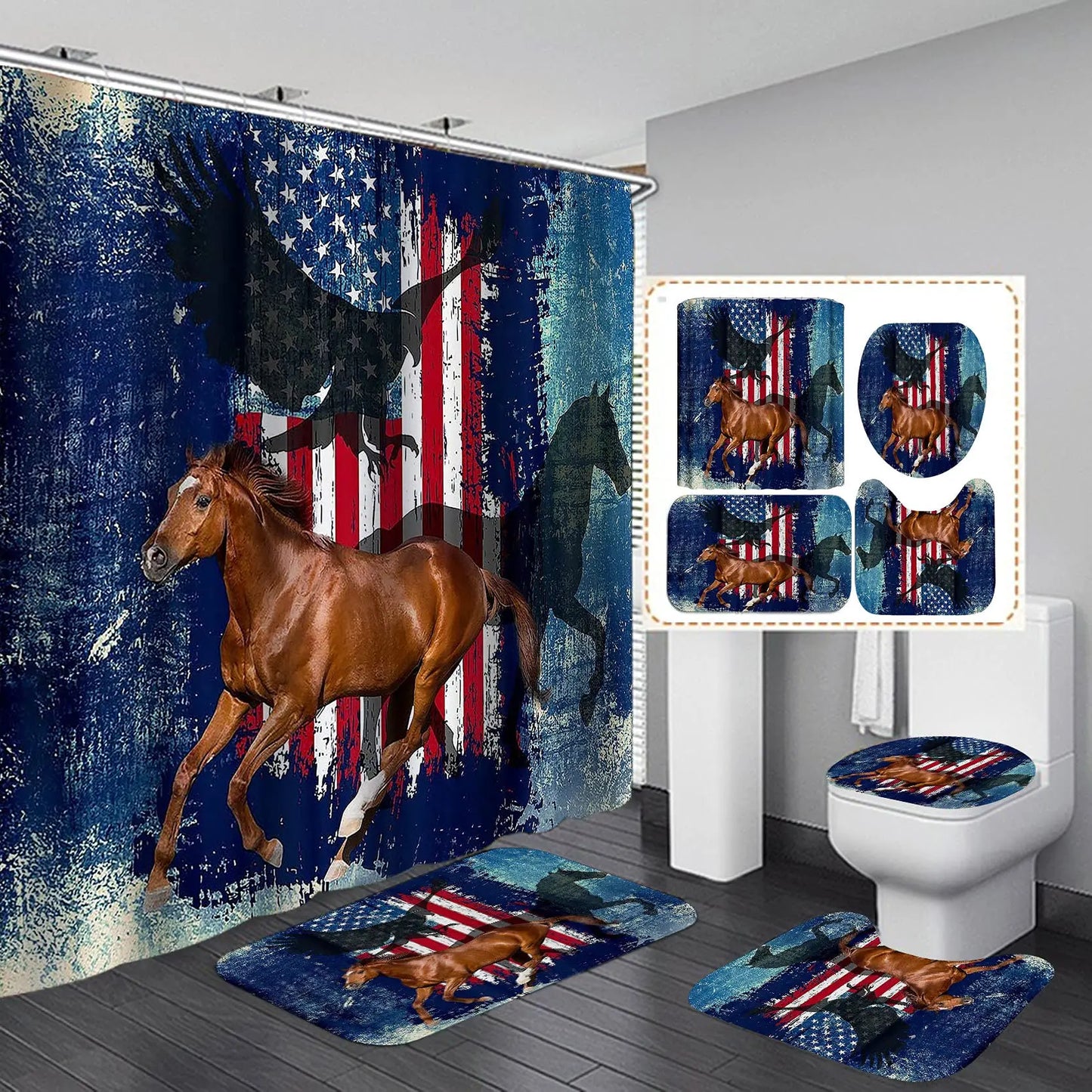 USA Flag American Bald Eagle Shower Curtain Set Non-Slip Rug Toilet Lid Cover Bath Mat Independence Day Patriotic Bathroom Sets