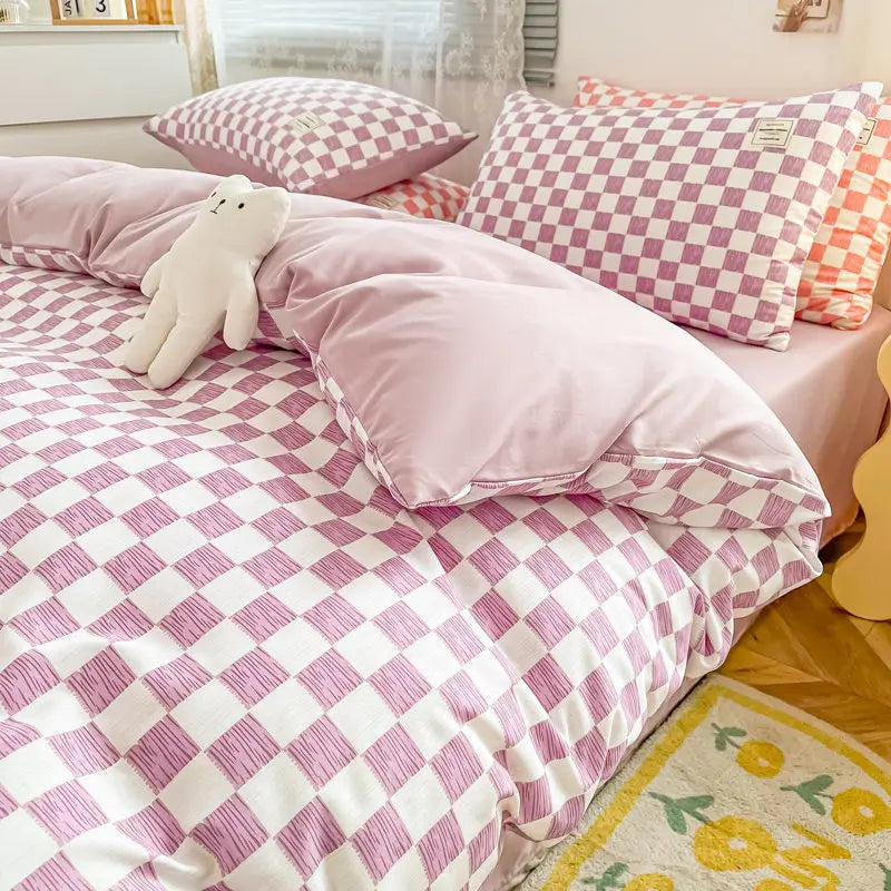 Nordic Purple Pink Blue Checkerboard Duvet Cover With Pillowcase Bed Sheet Kids Girls Plaid Bedding Set King Queen Twin Kawaii