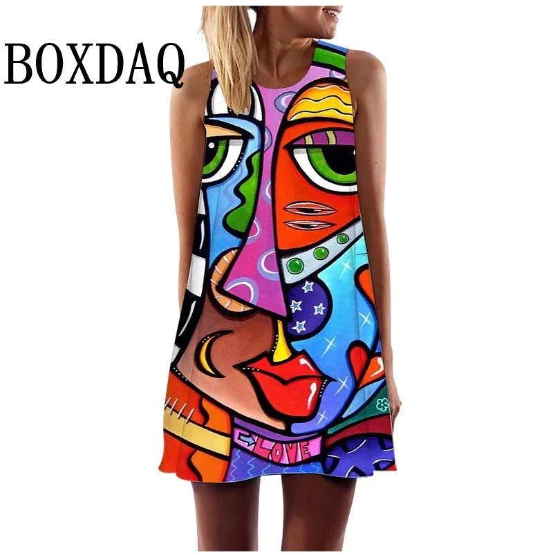 Dress Abstract Face Art Printed O-Neck Sleeveless Mini Dress Casual Loose Sweet A-Line Sundress