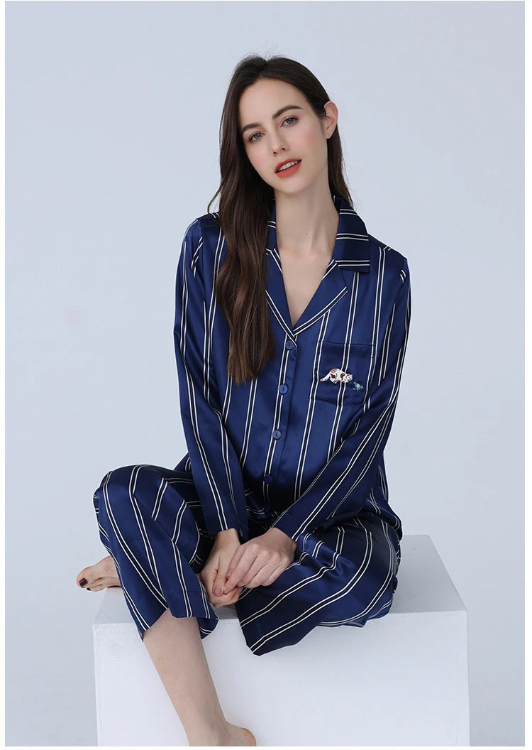 19MM pure silk pyjamas set stripe  lingerie 100% mulberry silk pajamas set luxury Sleepwear women's pajama pants Shirts