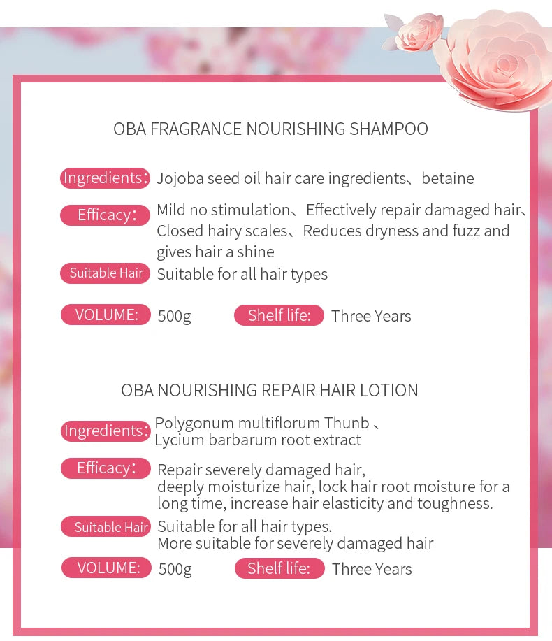 Oba Hair Care Salon Repair Damaged Gentle Cleaning Persistent Fragrance Shampoo And Conditioner Set For Women