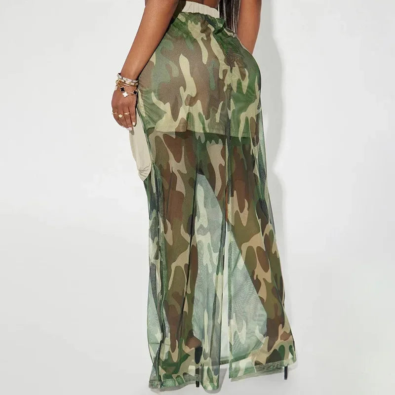 Street Fashion Women Camouflage Mesh Perspective Cargo Skirts Big Pockets Drawstring Skirts Patchwork Camo Long Baggy Skirts