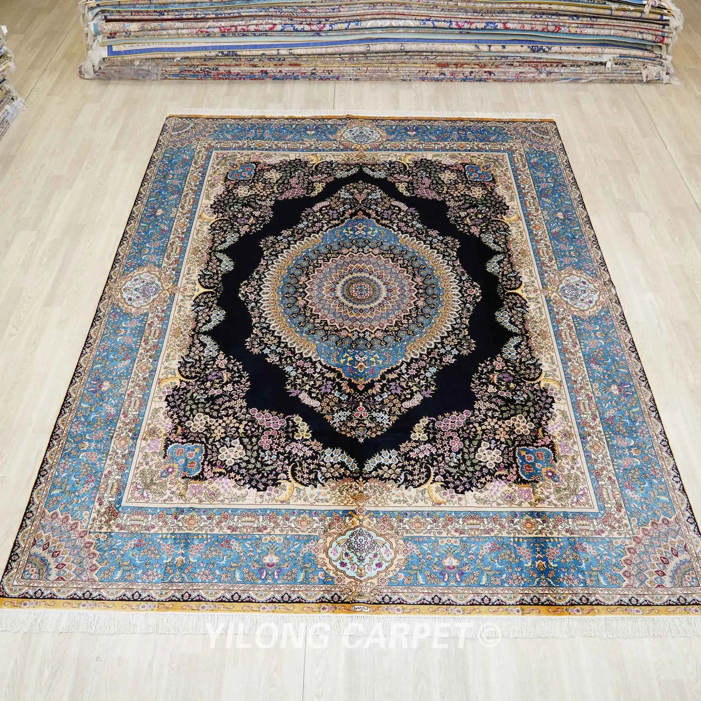 8'x10' Hand made Large Turkey Rugs Medallion Exquisite Blue Silk Carpets (TJ417A)