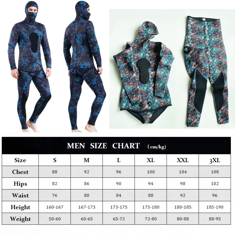 3mm Neoprene Wetsuit Men's Hooded Camouflage Diving Suit Snorkeling Spearfishing Winter Thermal 2 Pieces Set Swimsuit