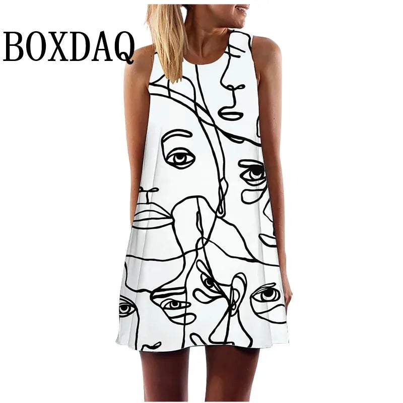 Dress Abstract Face Art Printed O-Neck Sleeveless Mini Dress Casual Loose Sweet A-Line Sundress