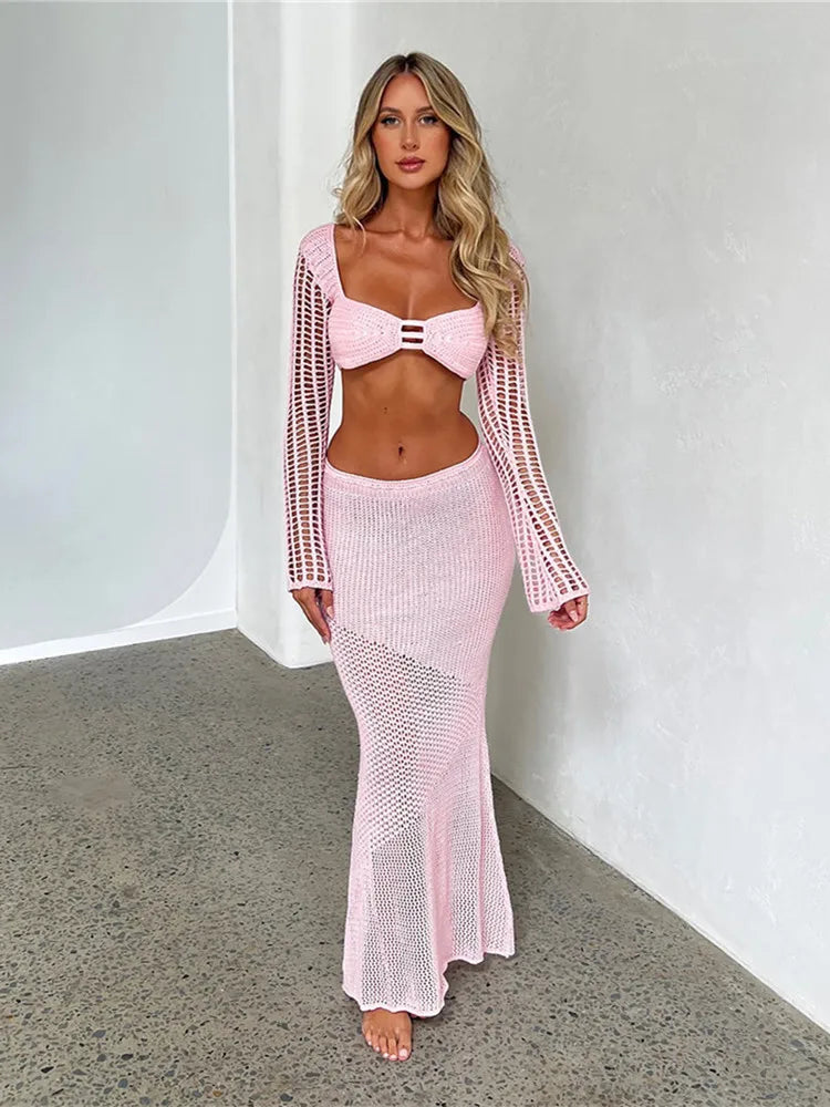 hirigin Women's Crochet Knit 2 Piece Skirt Set Hollow Out Crop Top Long Sleeve Backless Tie Up Club Bodycon Dress Outfits