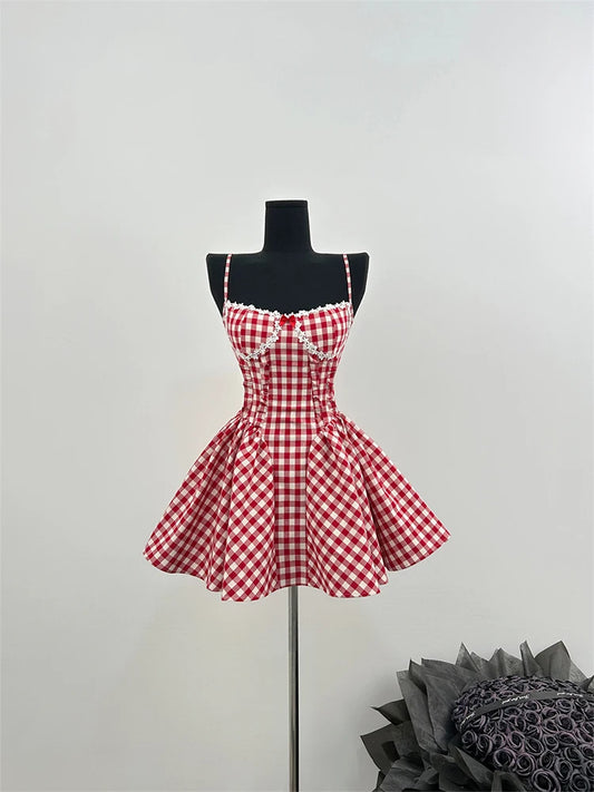 Summer French Prom Gown Ballet Core Mini Plaid Dress Women Gyaru Coquette 2000s Aesthetic Evening Frocks Party Fairy One-Piece