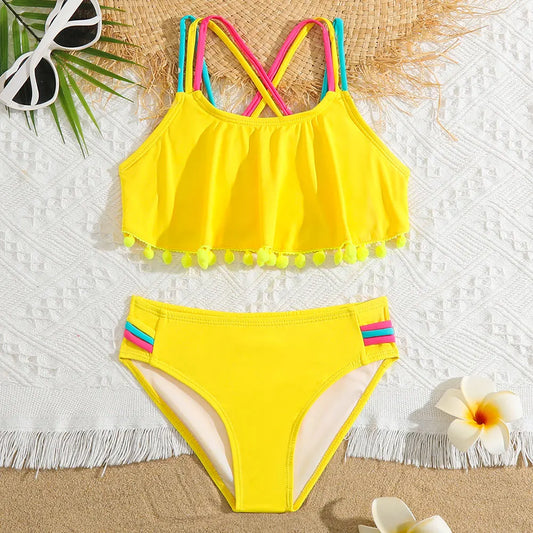 Girls Solid Ruffle Flounce Bikini Swimsuit Kids Criss Cross Back Two Piece Children's Swimwear 5-12 Years Bathing Suit Beachwear