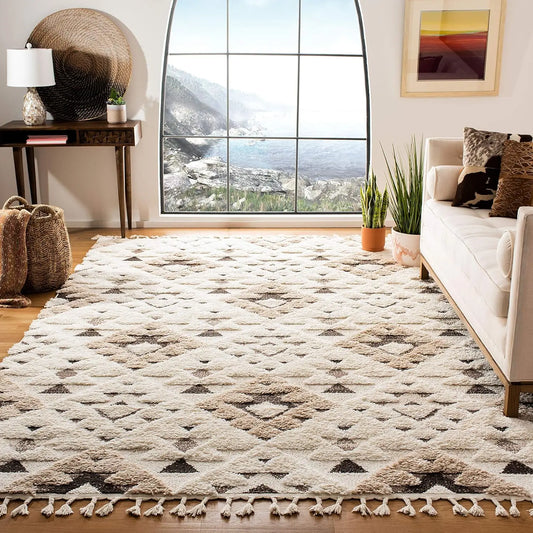 Large Area Rug - 11' x 15', Ivory & Brown, Boho Design, Non-Shedding & Easy Care, 2-inch Thick