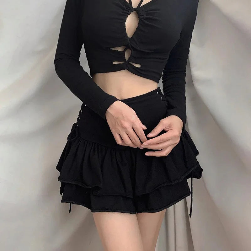 FICHOR Streetwear Mall Goth Skirt Women Harajuku Y2k E-girl High Waist Bandage Mini Skirt Dark Gothic Punk Emo Alt Club Wear