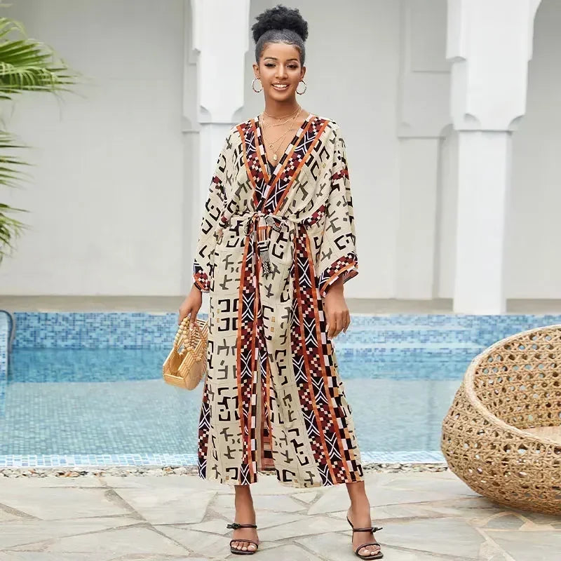 Bohemian Printed Summer Beach Wear Bikini Wrap Dress Tunic Summer Women Swimsuit Cover-ups