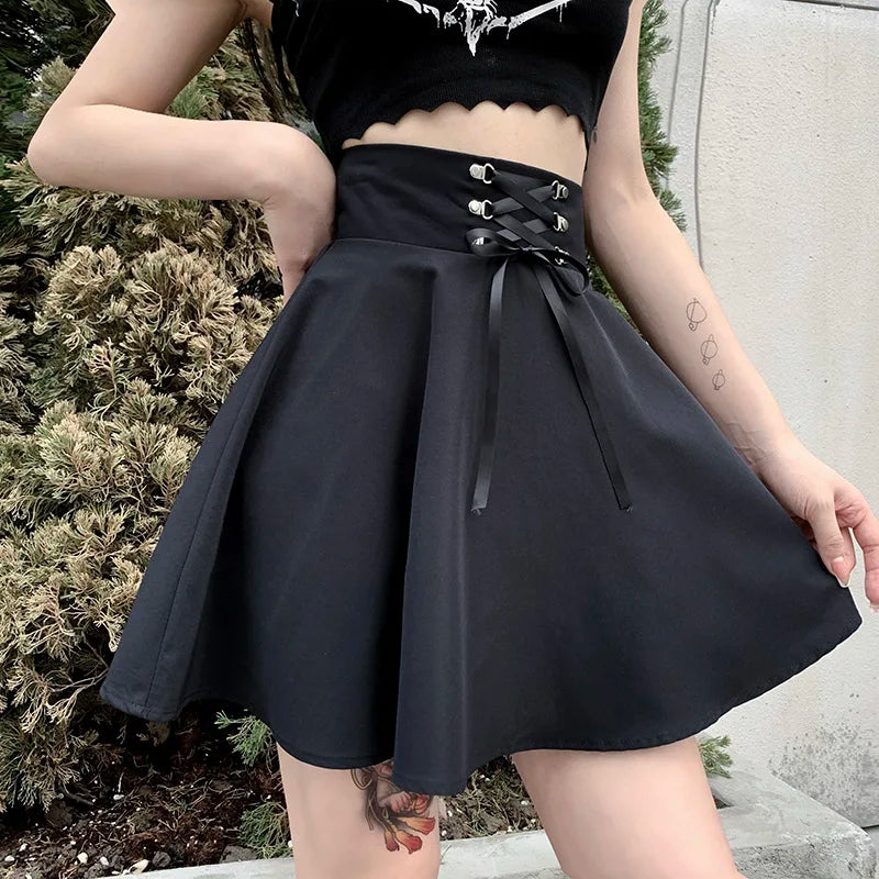 Harajuku Women's Basic Versatile Flared Casual Mini Skater Skirt High Waisted School Goth Punk Black Skirt