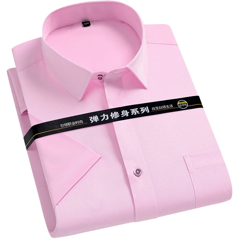 Men Short Sleeve Dress Shirt Summer Non-iron Solid Color Basic Business Formal Stretch Soft Wrinkle-resistant Casual Office Tops