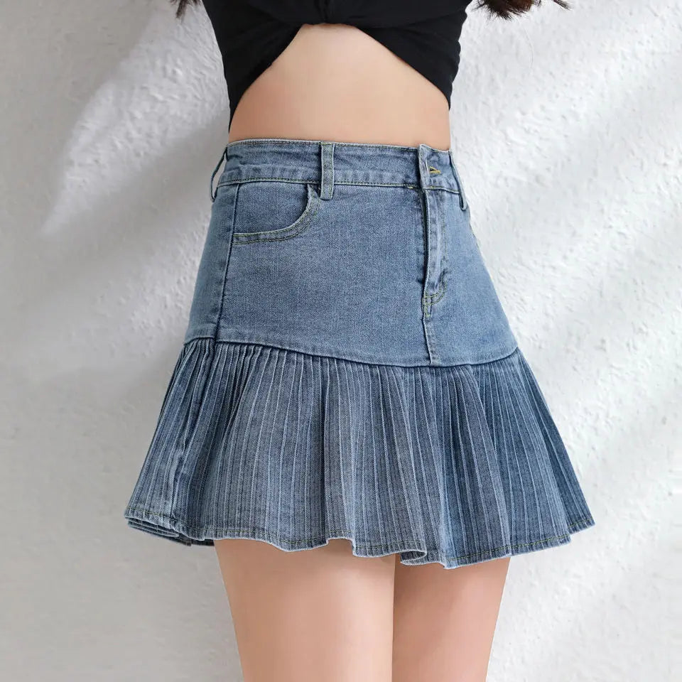 Jeans Mini Skirt Goth Denim Pleated Skirts with Big Pockets Women Girl Summer Punk Y2K Black Faldas High Waist Korean Fashion