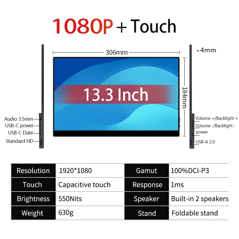 VCHANCE 13.3 Inch OLED Portable Monitor Touchscreen 1920x1080 1ms 10bit 100%DCI-P3 Office Travel Display Extender for Laptop Mac
