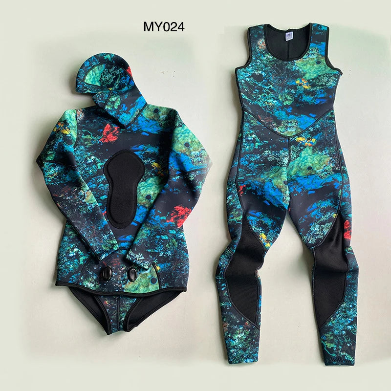 2 Pieces Set Wetsuit 3mm Neoprene Wetsuit Men's Hooded Camouflage Diving Suit Snorkeling Spearfishing Winter Thermal Swimsuit