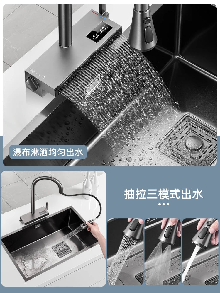 Stainless steel nanometer black sink large single trough digital display waterfall household kitchen wash basin embedded platfor