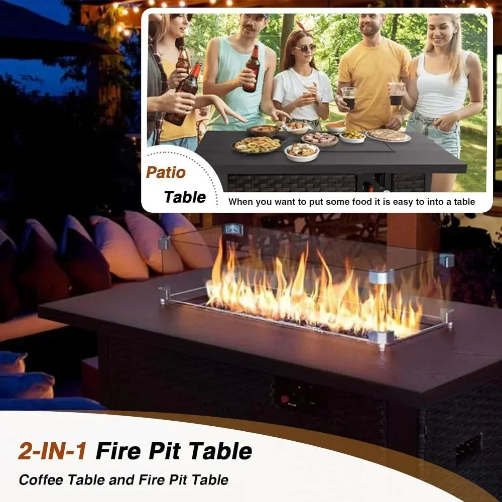 Garden Furniture 7 Pie Set with Fire Pit Table, Rattan Outdoor Patio Sectional Conversation Furniture Sets W/Seat Cushions