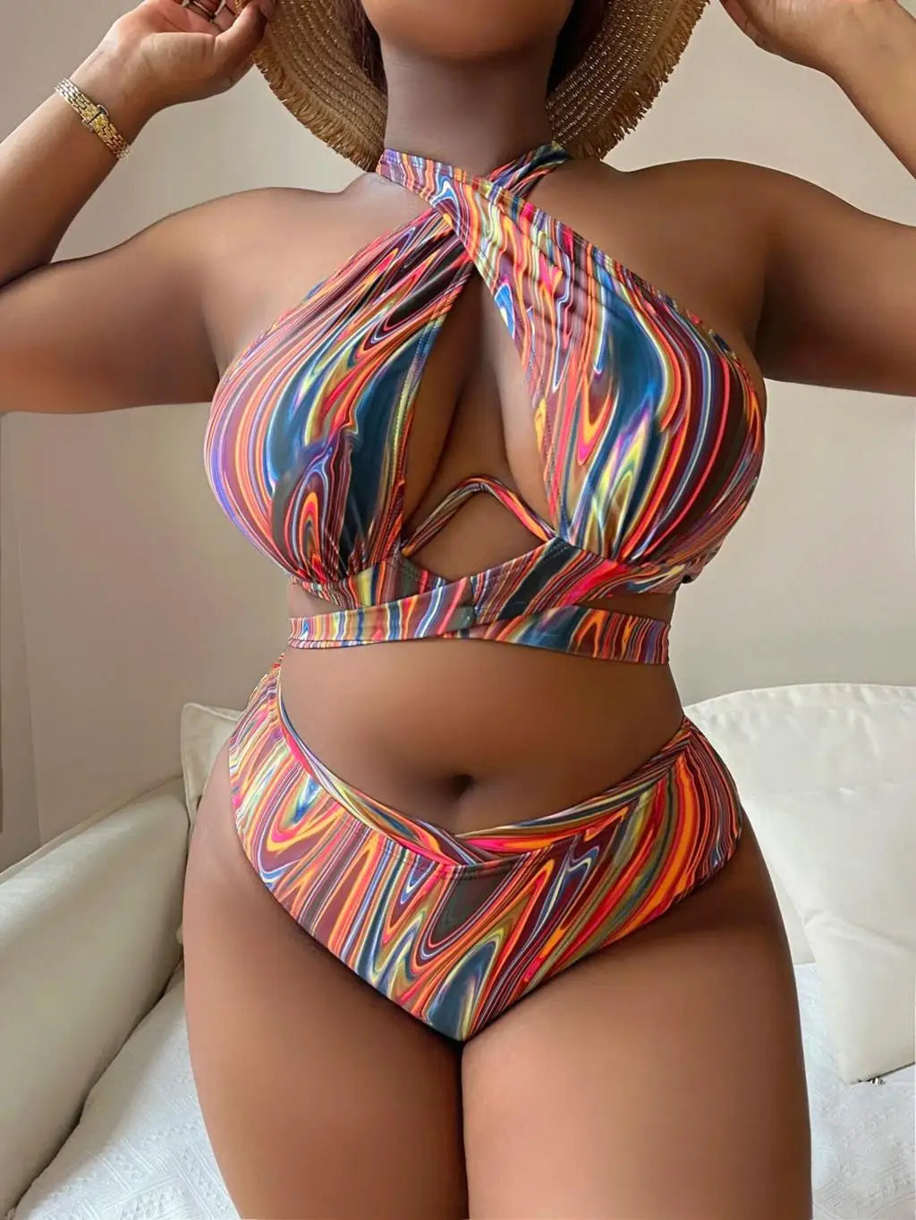 Bikini Printed Swimsuit Women Plus Size Swimwear Female High Waist  Beachwear