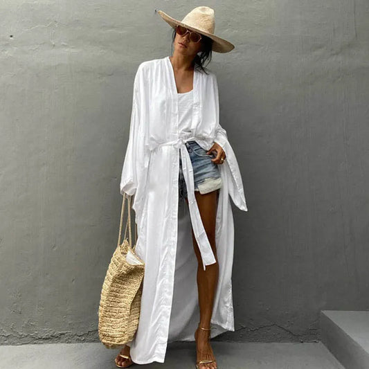 Solid Beach Cover Up Women Self Belted Wrap Kimono Dress Swimsuit 2022 New Robe Summer Beachwear Factory Supply