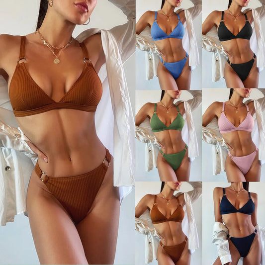 Solid Sling Deep V  Swimwear for Women Separate Swimsuit Pit Stripe Fabric Bikini  Large Size 2 Pieces High Waist Bikini Set