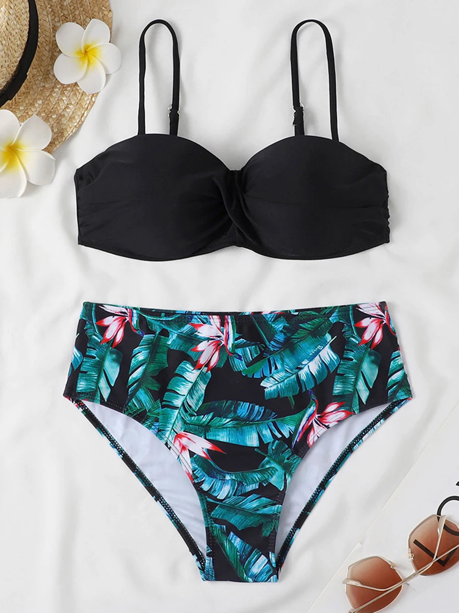 Women High Waist Bikini Printed Swimwear Female Padded  Beachwear