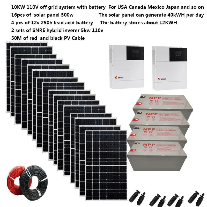 Solar System Complete 10000W 10KW 220V 110V Solar Panel 500W Off Grid Hybrid Inverter Home Villa Farm 8HP Heater House Pool