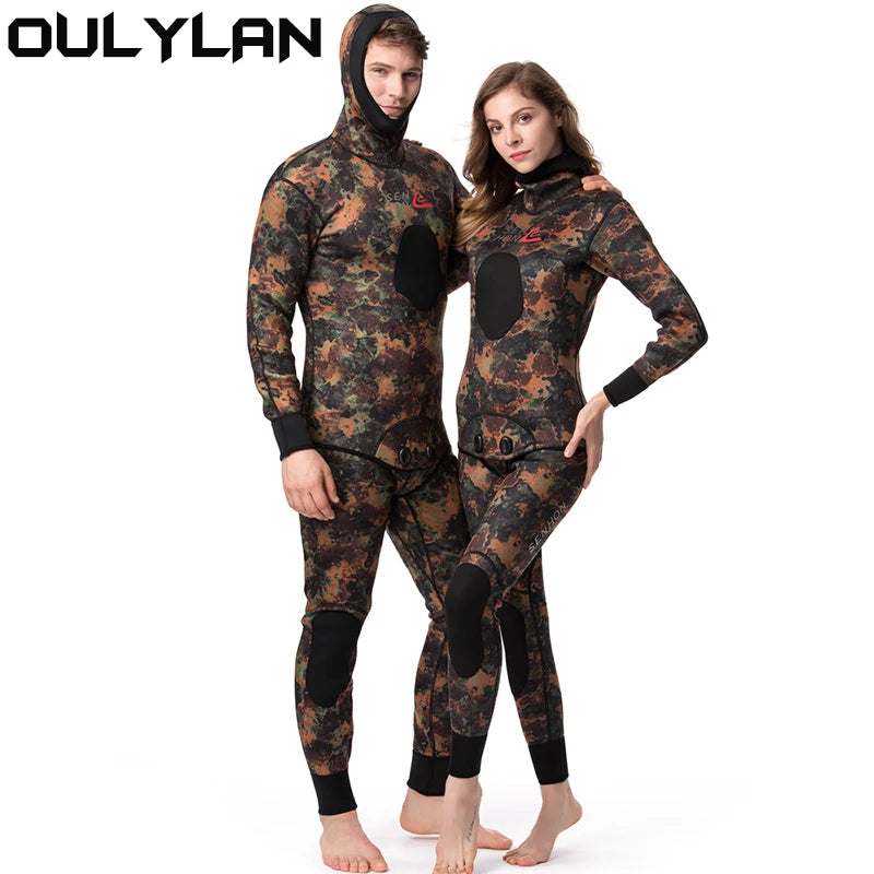 Oulylan 5mm 7mm Men's Camouflage Wetsuit Hooded 2 Pieces Swimsuit Spearfishing Kayak Underwater Hunting Scuba Diving Supplies