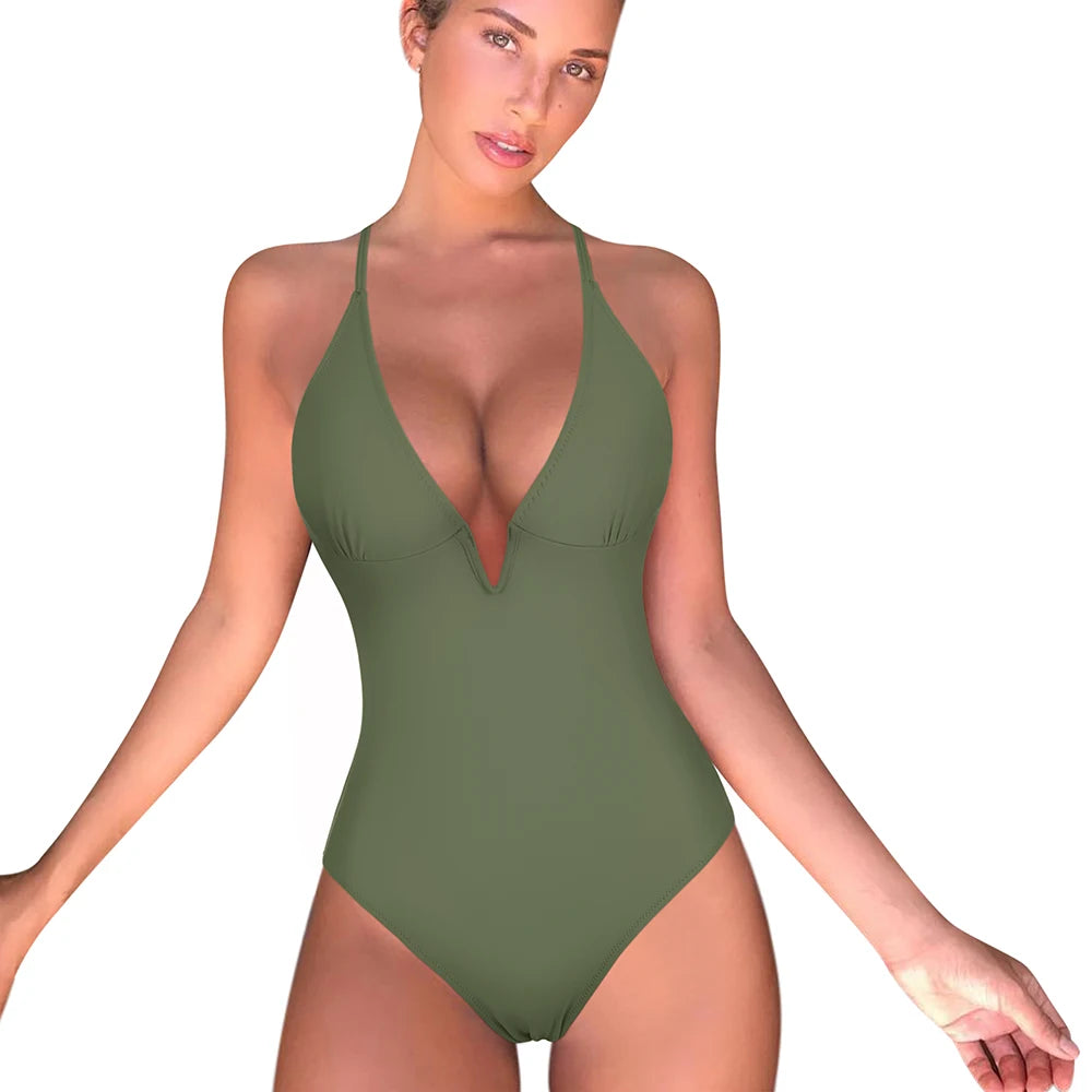 One Piece Swimsuit Women Push Up Beachwear Monokini Plus Size V-Neck Bikini Solid Bathing Suits Swimwear Swimsuit Woman 2023 New