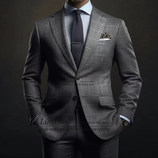 Fashion Grey Plaid Suits For Mens Business Male Blazer Slim Fit Wedding Groom Tuxedos 2 Piece Set Jacket Pants Costume Homme