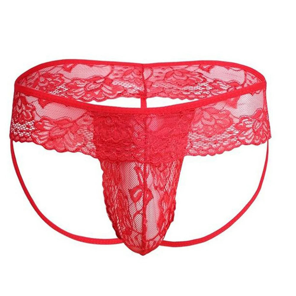 Men Lace See Through Sissy Gay Pouch Thong Briefs Underwear Hollow Transparent Sensual Panties Underpants Breathable Nightwear