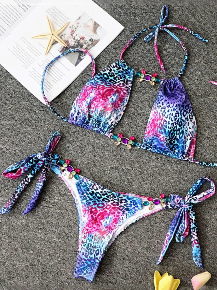 Leopard Rhinestone Jewelled Bikini Women Swimsuit female Thong Swimwear Diamond Bikini Set Halter Bathing Suit