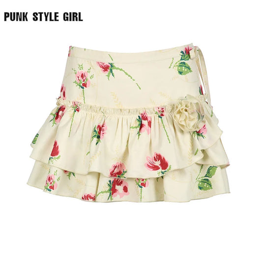 Florals Printed Low Waist Lace-up Skirt Vintage Skirt