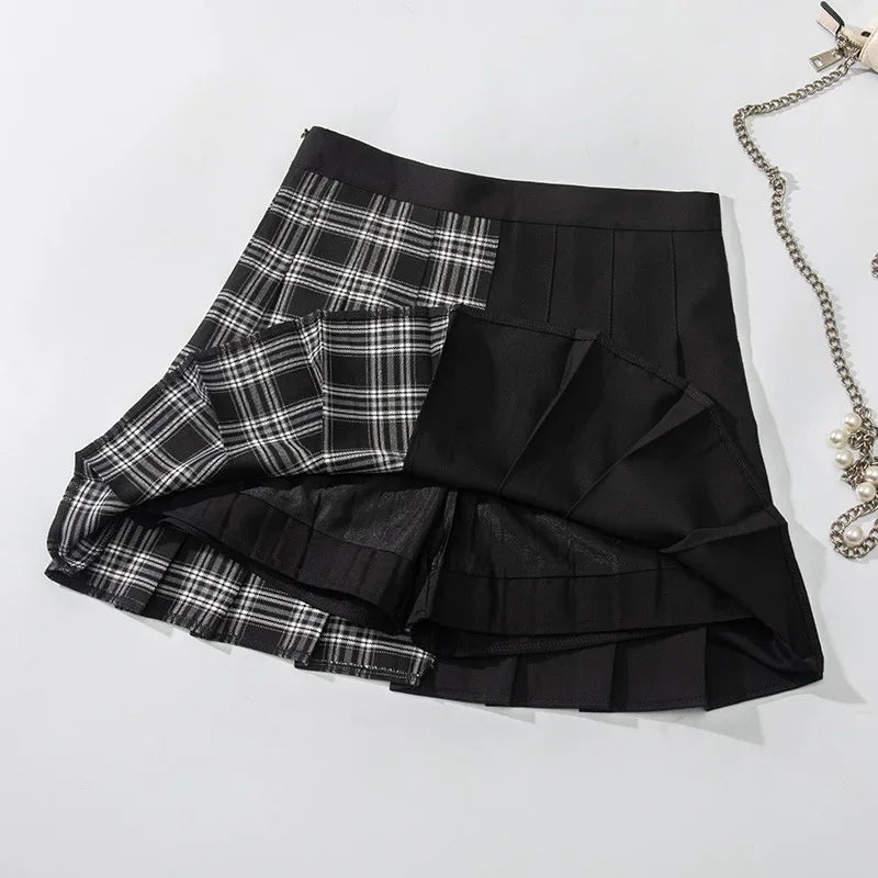 Gothic Patchwork Skirt Goth Vintage Harajuku Red Haig Black and White Plaid Patchwork Punk Pleated Skater Skirts