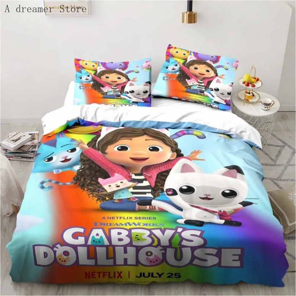 Gabbys Dollhouse Characters Bedding Set Cartoon Duvet Cover 2/3Pc Pink Bedclothes Single Double Queen King Size for Girl Bed Set