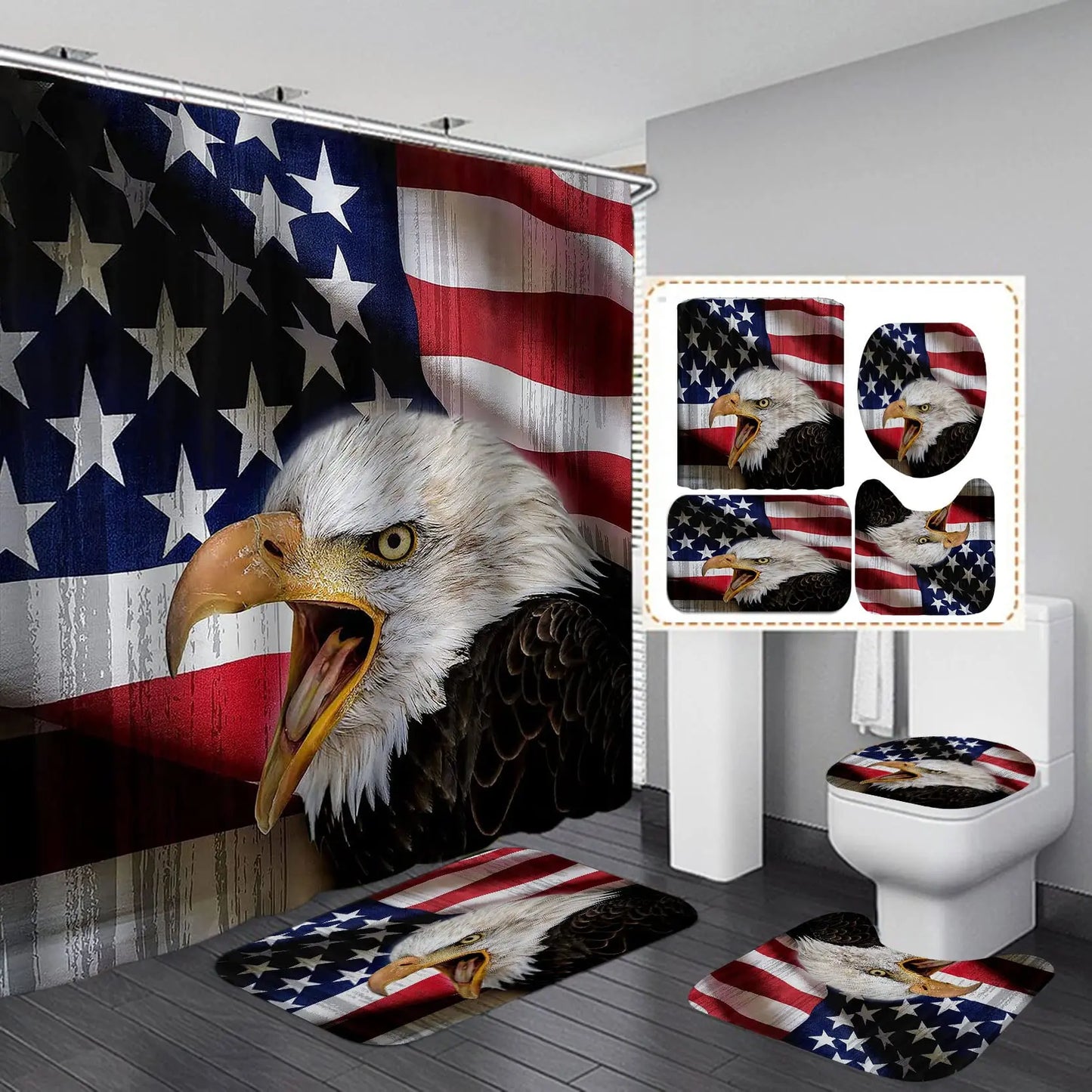 USA Flag American Bald Eagle Shower Curtain Set Non-Slip Rug Toilet Lid Cover Bath Mat Independence Day Patriotic Bathroom Sets