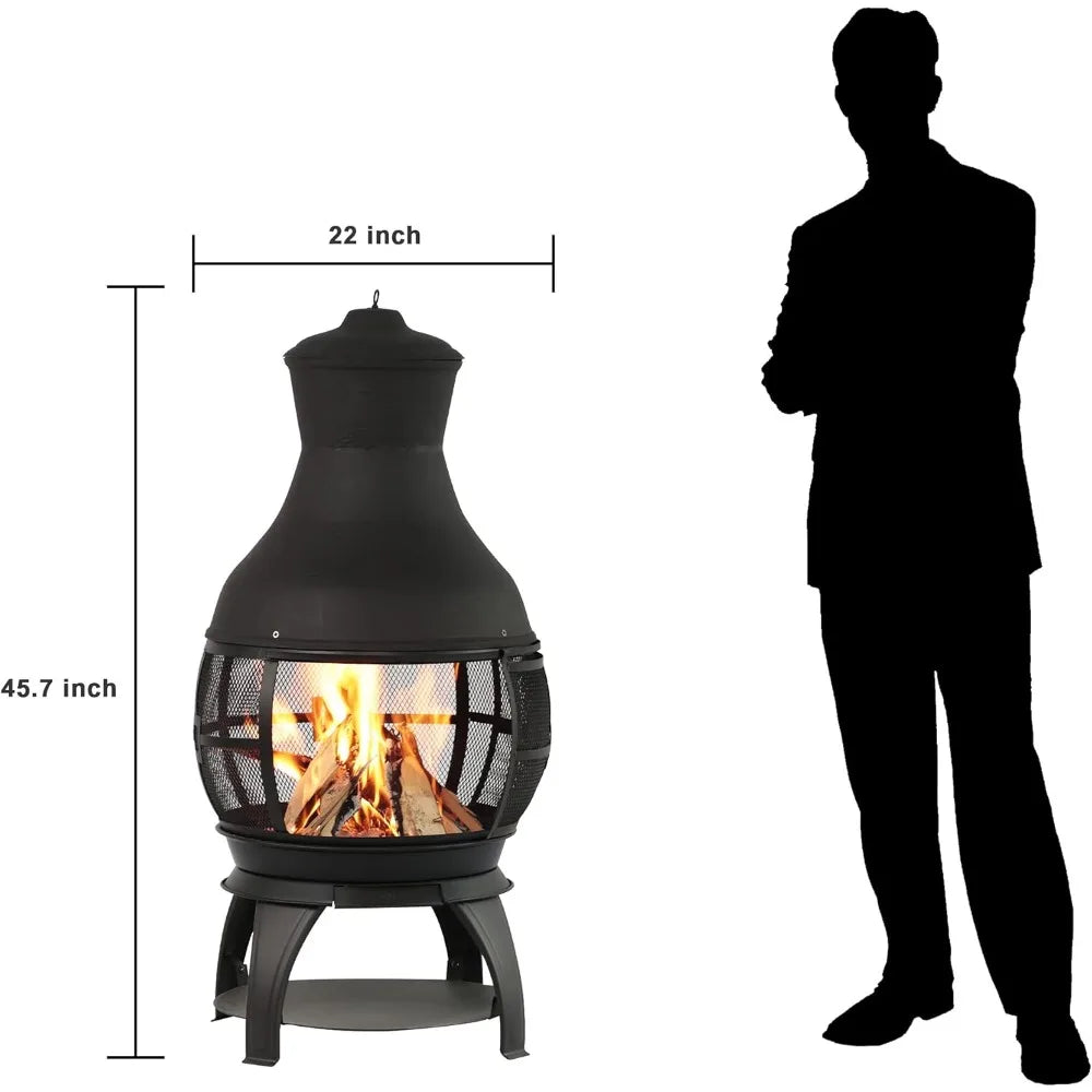 Fire Pits, 22"D x 22"W x 45"H, Wood Burning Fire Pits Chimenea Outdoor Fireplace Wooden Firepit, Brown-Black