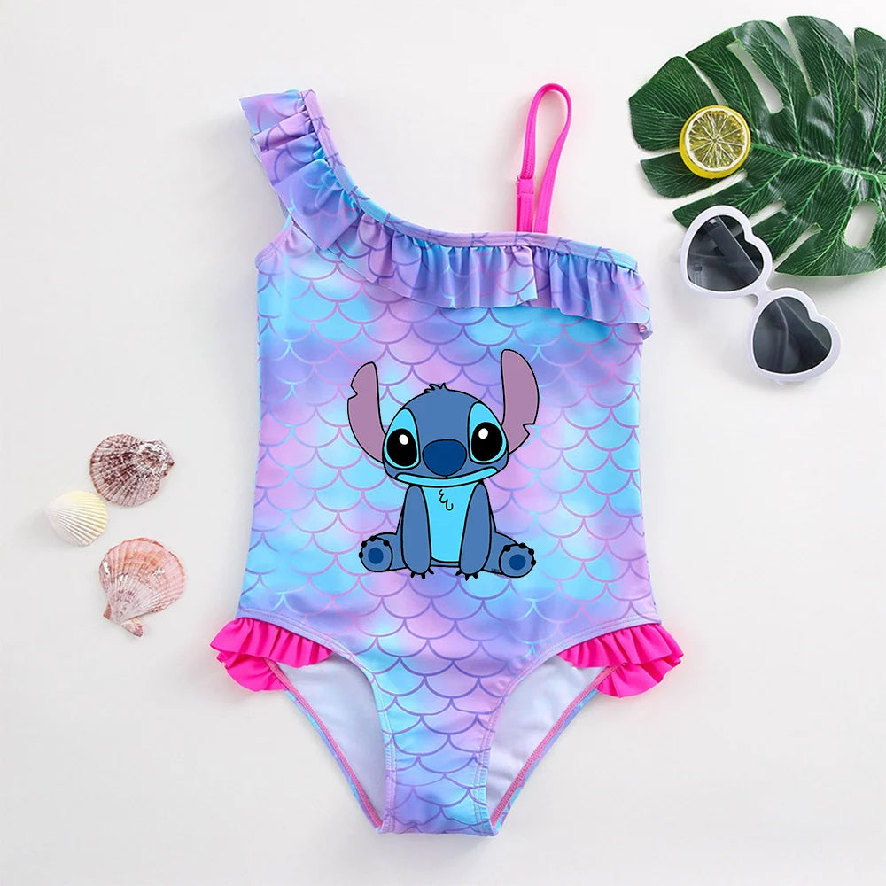 Stitch Girls Swimsuit Fashion Mermaid Fish Scale One-Piece Bathing Suits Children's Dresses Summer Swimwear Beach Suit Kids Wear