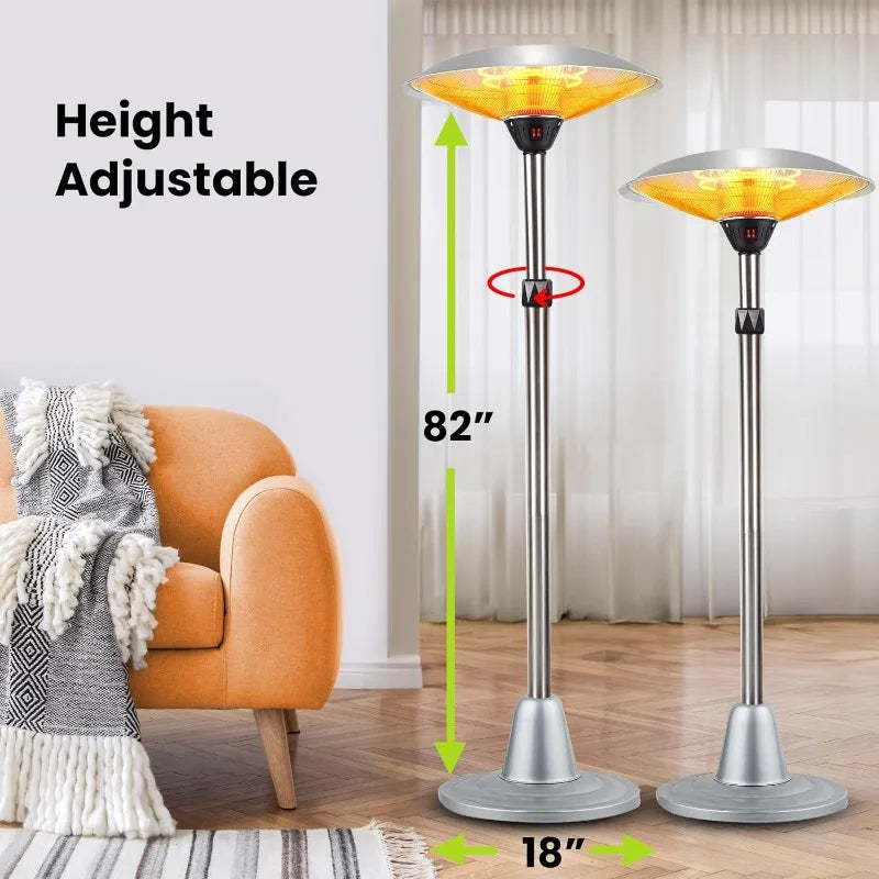 1500W Free Standing Patio Heater for Outdoor and Indoor Heating with Adjustable Height. Mad from Stainless Steel